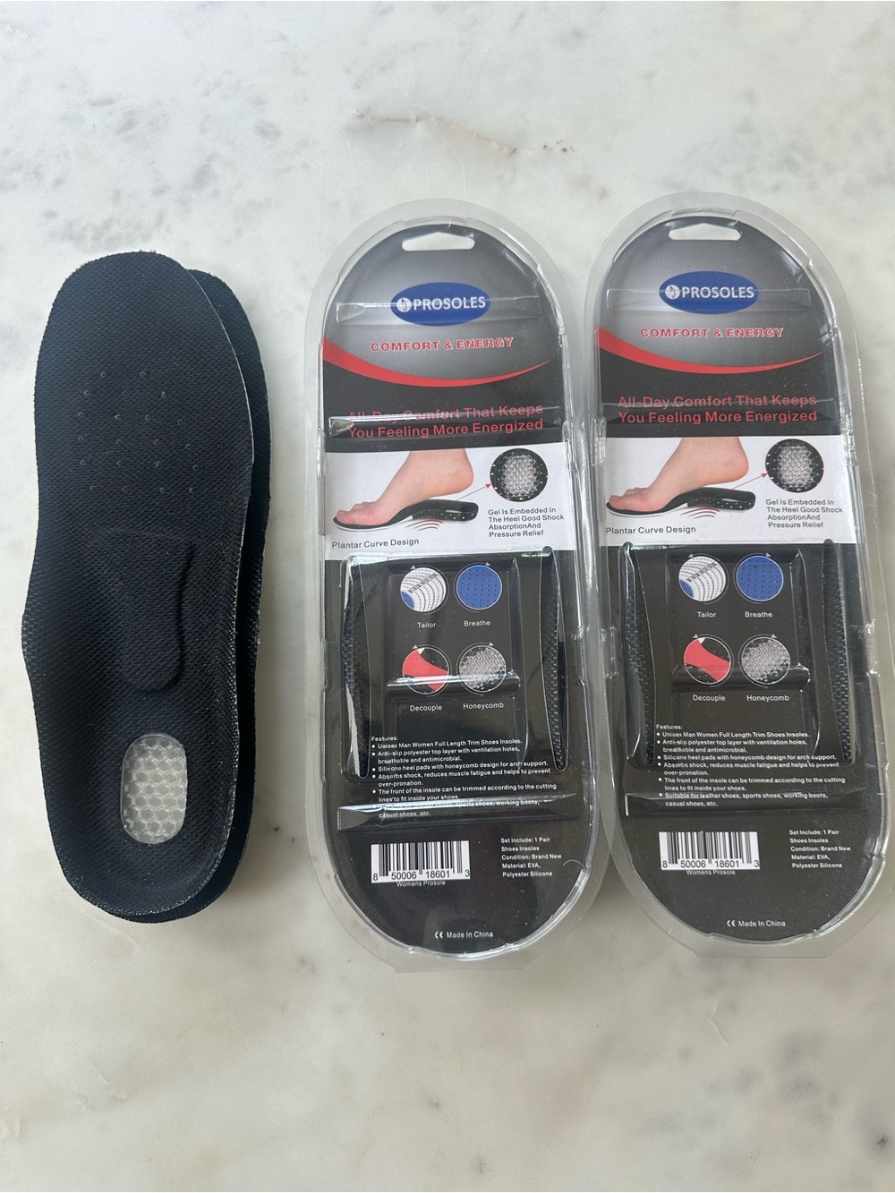 Prosoles Comfort & Energy Women's Black Insoles (3 pairs) size 7-11